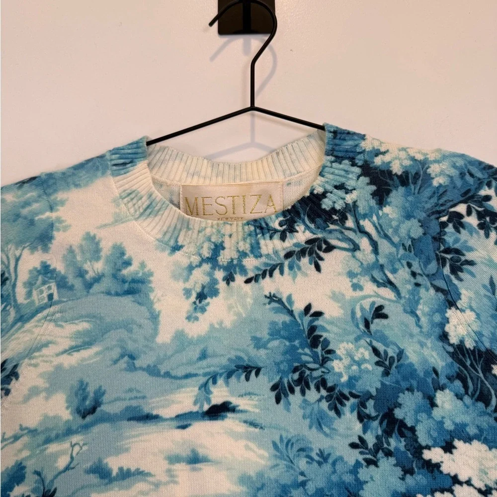 NWT Mestiza Phoebe Blue Toile Scenic Knit Sweater Storybook